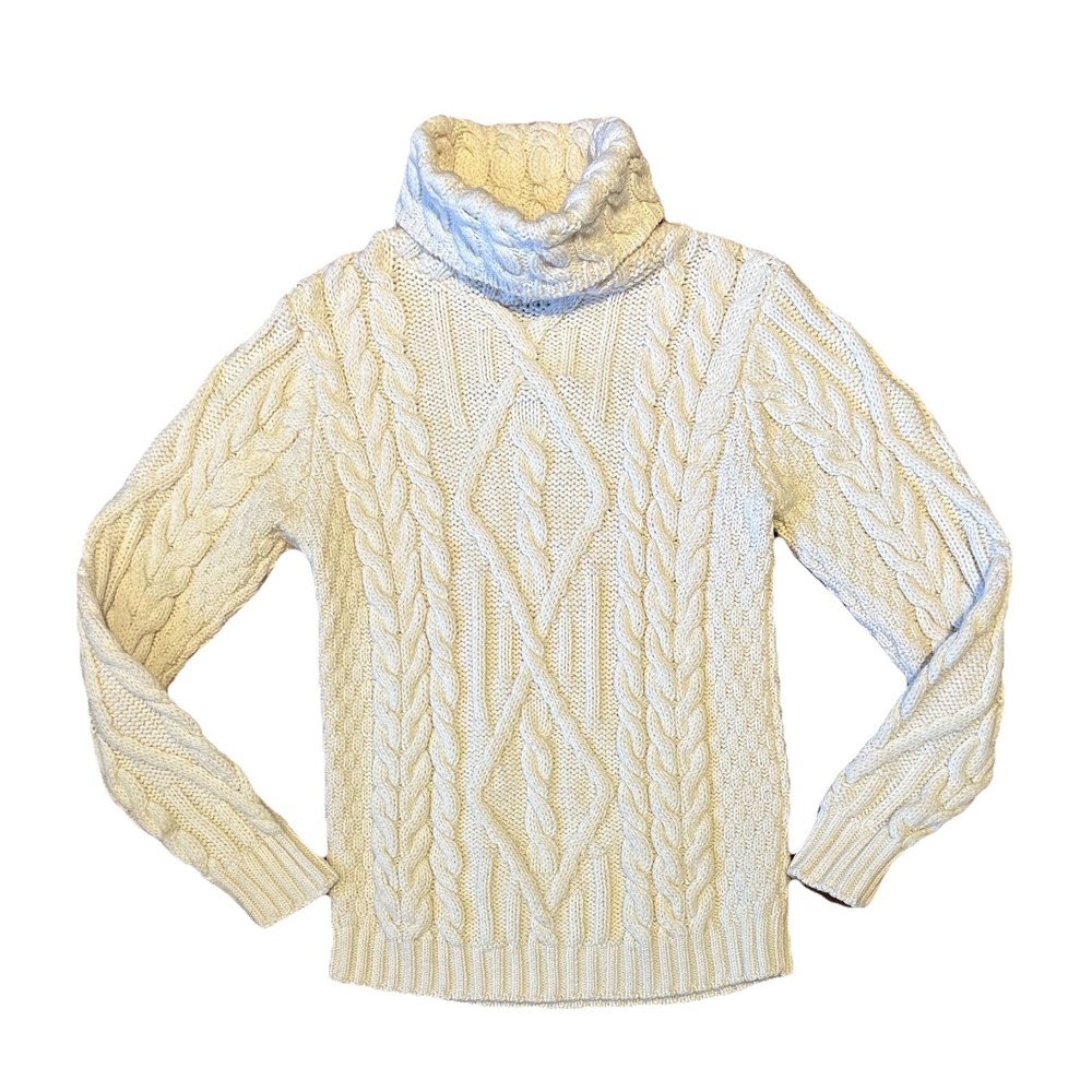 Inis Crafts Cable Knit Turtleneck Sweater Sz S 100% Wool Ireland Cream Fisherman